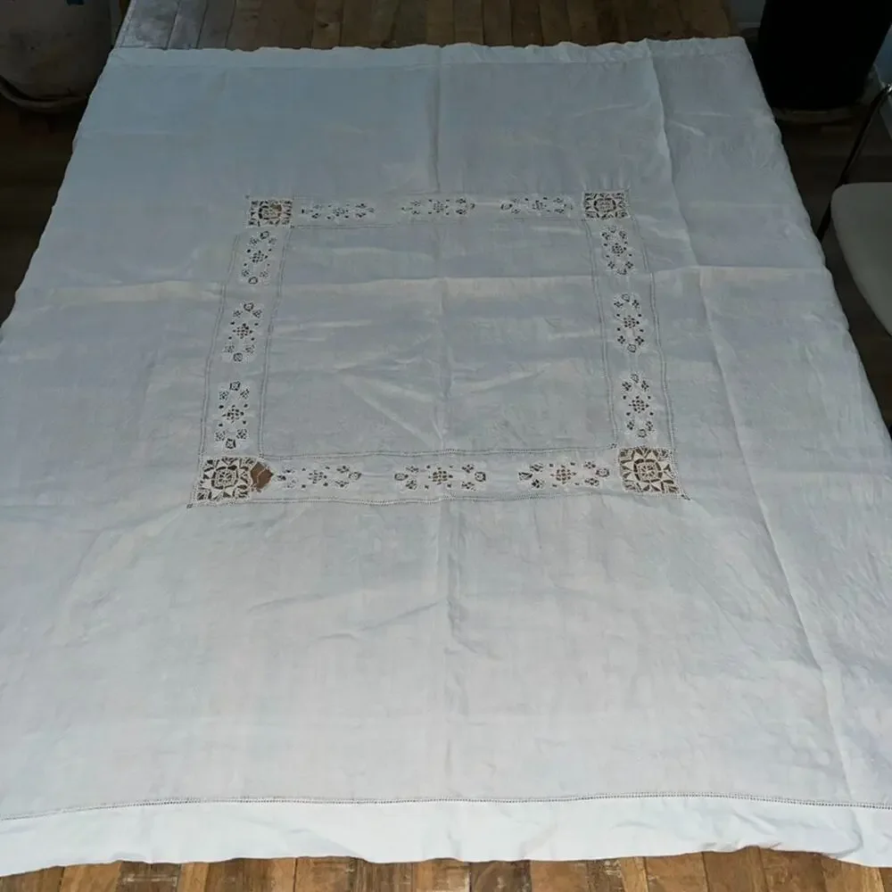 White Linen Tablecloth 49 x 52 in Delicate Cutwork & Hand-Done Drawnwork